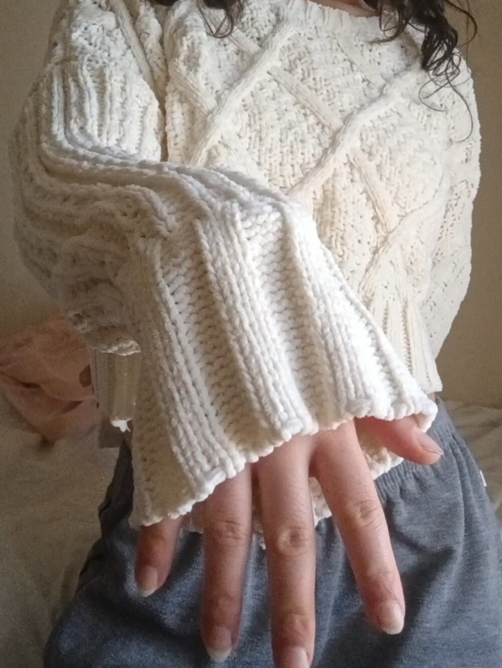 White Knit-Pattern Cropped Sweater with Sweater Paw Sleeves